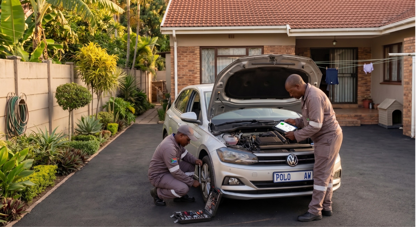 Ubukhali mechanics performing mobile automotive service at a customer's home